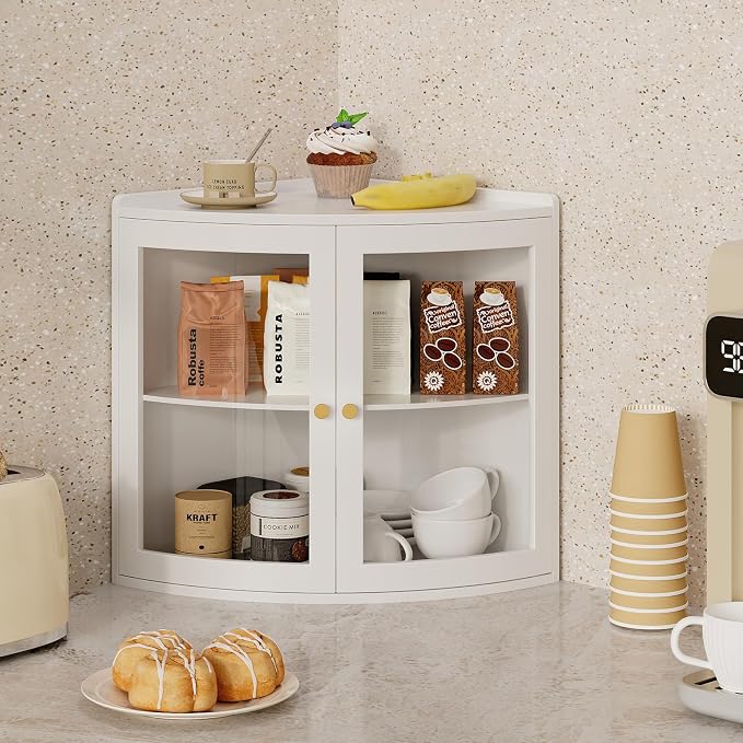 Trironsun Fan Shape Corner Bread Box for Kitchen Counter Double Layer Large Bread Storage Container with Acrylic Doors Farmhouse Wooden Bread Box Organizer for Homemade Bread (White)