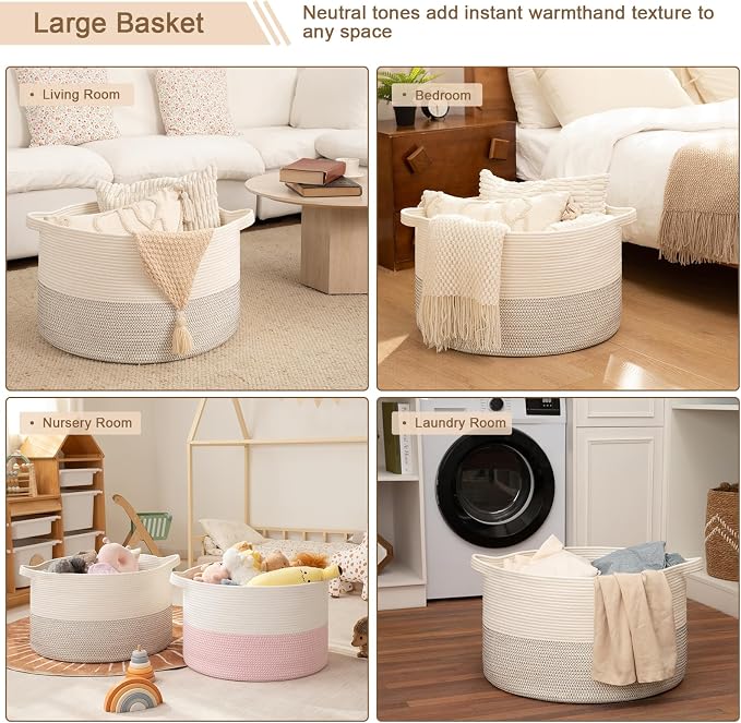 OIAHOMY 90L XXXLarge Blanket Basket for Living Room, 21.7" x 13.8" Woven Cotton Rope Laundry Basket for Organizing Pillows, Decorative Stuffed Animal Toy Storage for Nursery, Black and White