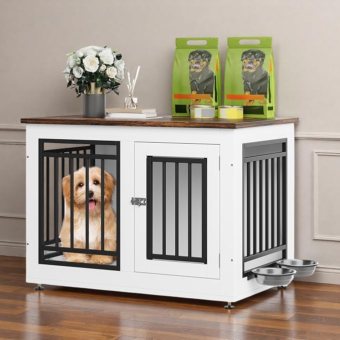 DWVO 28 Inch Dog Crate Furniture with Adjustable Feet & Removable Bowls | Dog Kennel Indoor Furniture End Table for Dogs, Modern Decorative Wooden Cage, Chew-Resistant, White