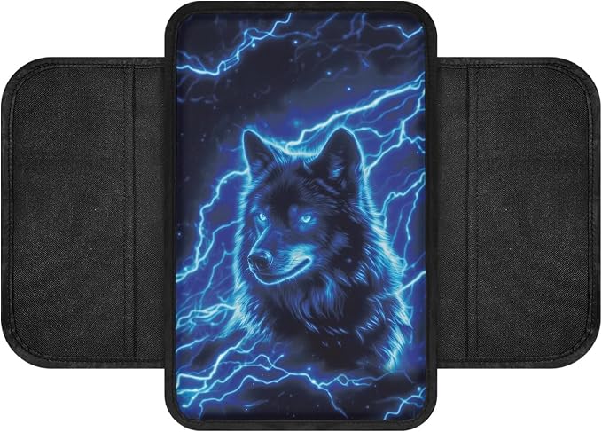 Howilath Car Armrest Cover Pad, Universal Center Console Cushion | Blue Lightning Wolf Arm Rest Cover. Soft & Comfortable, Washable Fits for Cars, Suvs, Vans, And Trucks