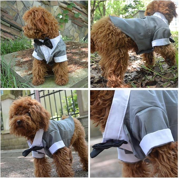 Lovelonglong Bulldog Costume Dog Suit Formal Tuxedo with Black Bow Tie Wedding Clothes for Pugs/French Bulldog/English Bulldog/American Pit Bull Gray B-XL