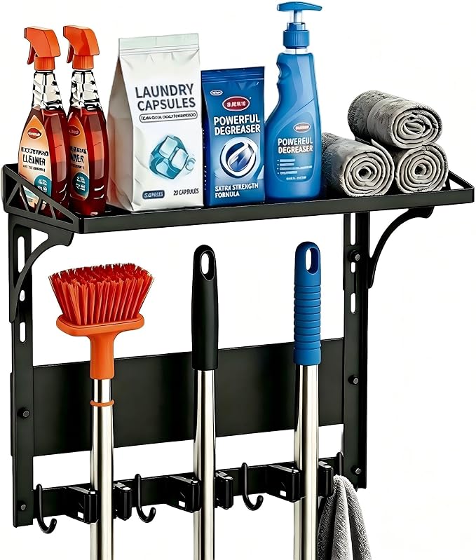 MUTUACTOR Heavy Duty Magnetic Broom Holder,Anti-slip Magnetic Tool Rack with Top Utility Shelf, Easy Assembly Broom Mop Organizer for Refrigerator Metal Cabinet Laundry Room Kitchen,3-Clamps 4-Hooks
