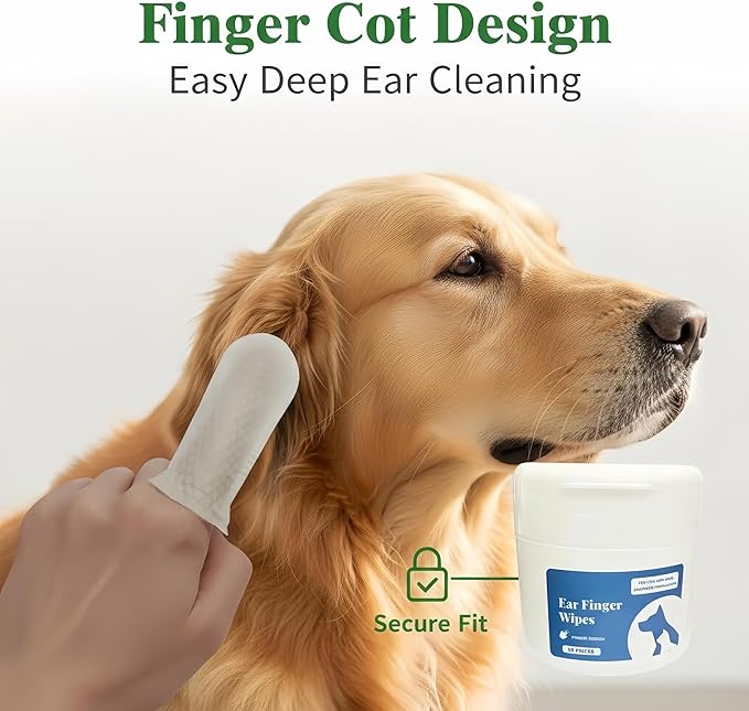 Dog Ear Cleaning Wipes, Super Convenient Finger Wipes for Dogs & Cats - Disposable Finger Cots for Ear Wax Removal & Moisturizing Pet Ear Care, 50ct