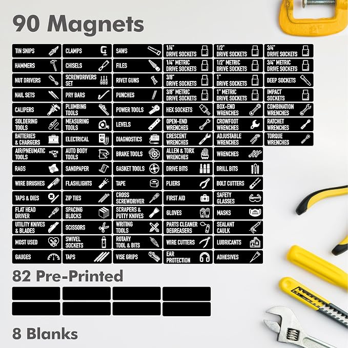 90 PCS Magnetic Toolbox Labels, 82 Pre-Printed & 8 Blanks Large Size Tool Chest Organizer Labels Strong Magnetic & Easy to Read Printing Fits All Brands of Steel Tool Box Drawers (Black, 3.5” x 1”)