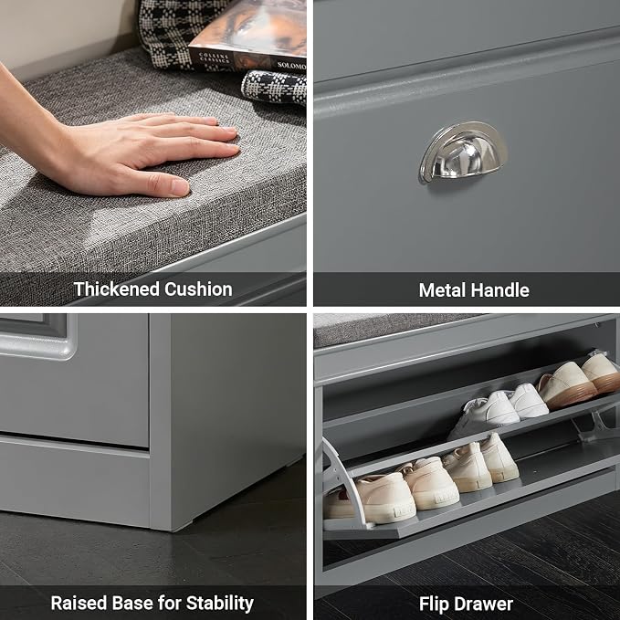Haotian Shoe Storage Bench with Cushion, Grey Narrow Shoe Rack for Entryway, Small Shoe Cabinet with Flip-Drawer, Closet Hallway Mudroom FSR82-L-HG