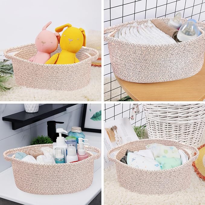 ABenkle Small Basket with Handles, Boho Decorative Rope Woven Dog Cat Toy Storage Bin Shelf Storage Organizer, Easter Christmas Gift Basket, 12"x8"x5"