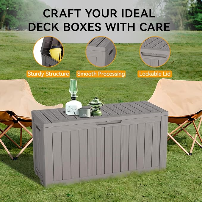 Deck Box, 82 Gallon Resin Indoor and Outdoor Storage Box Waterproof for Garden Tools, Pool Accessories Storage Bench, Patio Furniture and Cushions with Lockable Lid, Grey