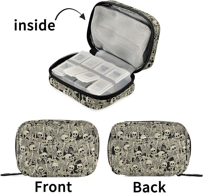 Gothic Skull Skeleton Pill Case, Portable Weekly Pill Box Bag Container 7 Days Pill Organizer Vitamin Supplement Holder with Zipper for Travel Family Business