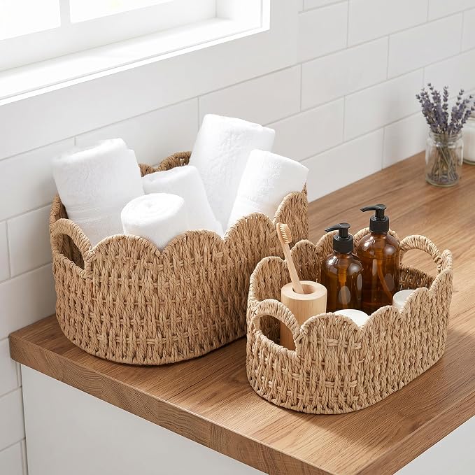 iEGrow Paper Rope Scalloped Basket, Set of 2 Woven Storage Wicker Baskets with Handle for Organizing and Shelves, Cute Boho Oval Baby Baskets for Decor, Towel, Toys, Nursery, Book, Gift Natural