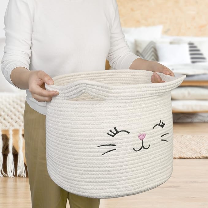 LotFancy Cat Toy Organizer, Cotton Rope Animal Basket with Handle, Cat Toys Storage Bin for Pets, Cute Woven Containers Holder for Playing Room, Kids Bedroom, 15.7x13''(H)