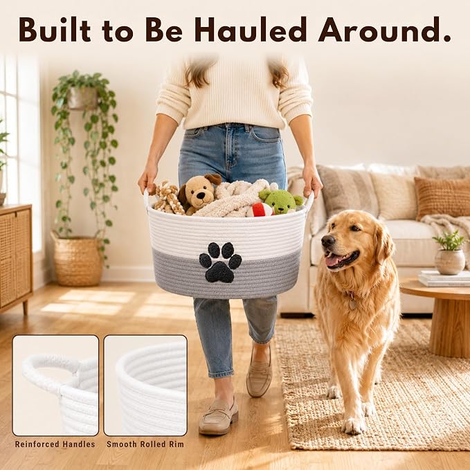 Dog Toy Basket with Handles, Grey Cotton Rope Storage Bin Organizer | Neutral grey dog toy organizer that blends any decor. Holds toys, blankets & leashes. Machine washable, collapsible rope bin.