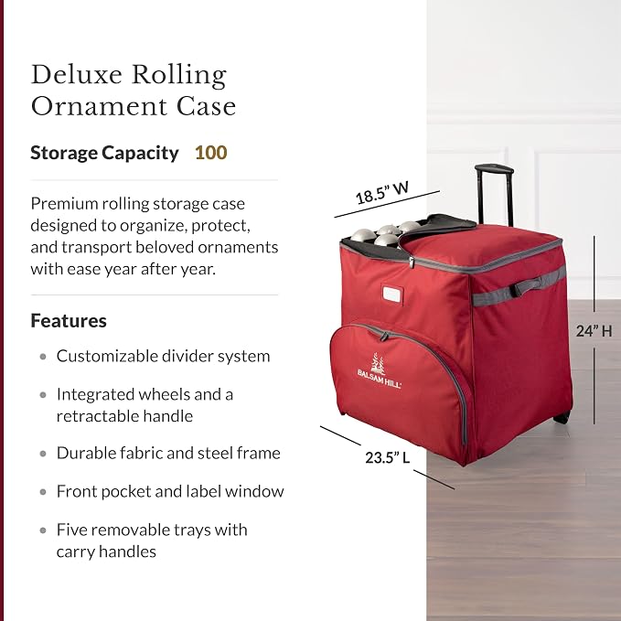 Balsam Hill Deluxe Rolling Ornament Chest - 100pc Christmas Decoration Storage with Dividers & Trays