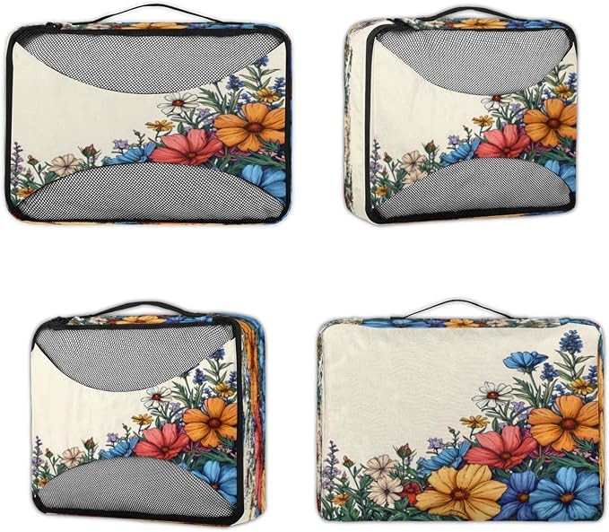 Packing Cubes for Travel, Vintage Floral Travel Luggage Packing Organizers for Women Men, Large Custom Toiletries Bag for Clothes Shoes, Retro Pretty Colorful Flower