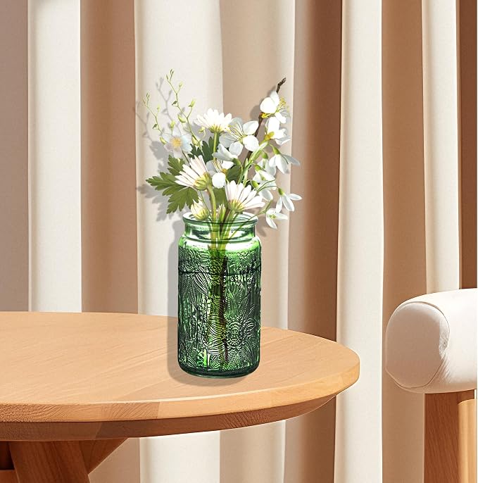 Vintage Sunflower Glass Canister, 34 oz Green Storage Jar with Wood Lid | Coffee, Tea, Sugar, Cookies, Candy, Pantry Shelf, Kitchen Counter, Bathroom Organizer, Laundry Detergent, Farmhouse Decor