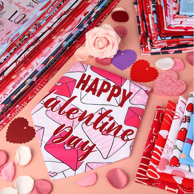 Sanwuta 60 Pcs Valentine's Day Dog Bandanas Bulk Heart Pet Bandanas Adjustable Dog Bibs Triangle Scarf Holiday Costume for Small Medium Pet (Heart Pattern)