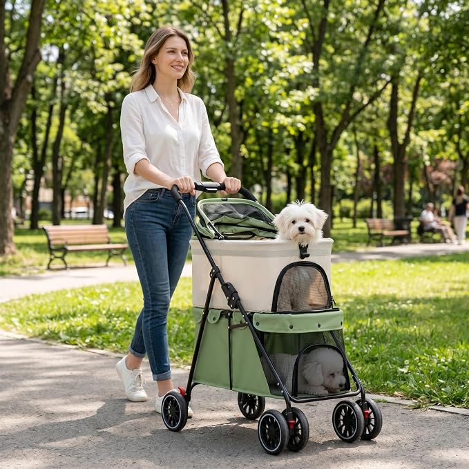 YYW Double Pet Stroller Foldable 2 Carriages Lockable Wheels Green Beige | Travel Strolling Cart, Top Detachable Carrier, Ideal for Multi-Pet Families, Small Dogs & Cats, Outdoor Walks & Vet Visit