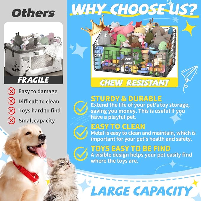 Kaiferty Indestructible Dog Toy basket, Large Toy Bin for Dogs,Pet Toy Bin Dog Metal Basket Organizer Storage for Toys Food Storage (Black)