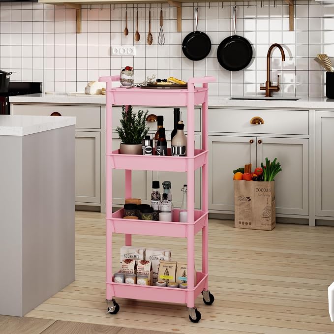 STEEHOOM Utility cart with Tabletop 4 Tier Rolling Cart Organizer with Wheels Movable Storage Cart for Office, Living Room, Kitchen, Craft Room, Pink