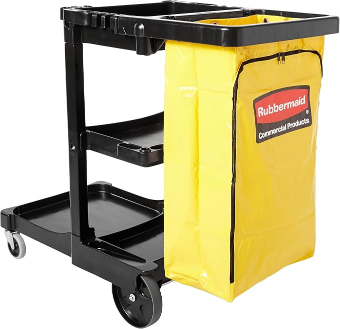 Rubbermaid Commercial Traditional Janitorial 3-Shelf Cleaning Cart, Wheeled with Zippered Yellow Vinyl Bag, for Business/School/Office/Janatorial Cleaning