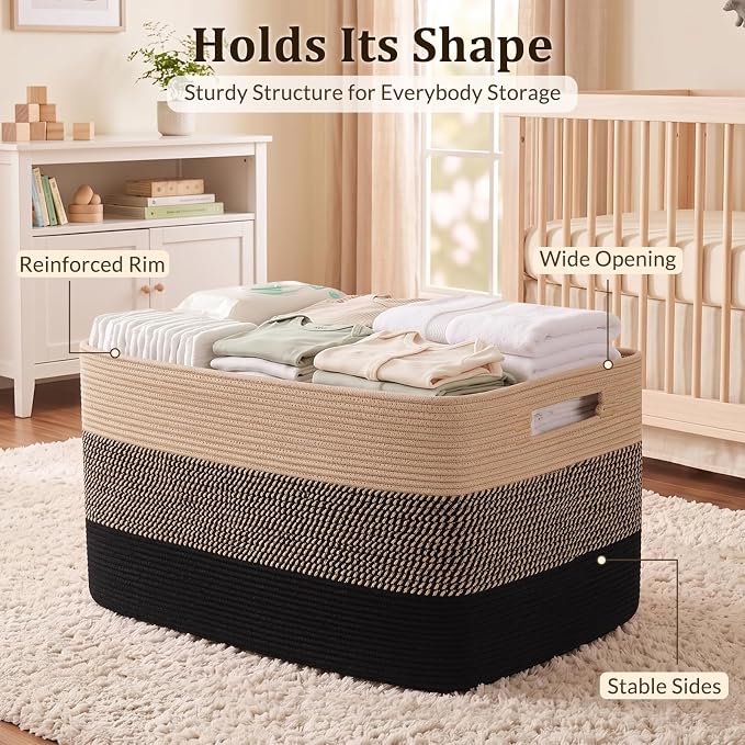 OIAHOMY 108L Extra Large Blanket Basket Dog Toy Basket Yellow Black | Rectangle Woven Baskets for Storage Cotton Rope Basket For Living Room Toy Storage Blanket Storage Laundry Basket
