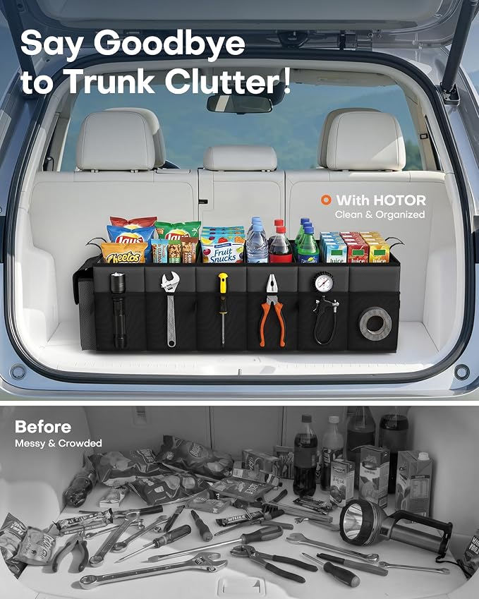 HOTOR Trunk Organizer, Sturdy Foldable with Cooler for Car, Sudan & SUV | Car Organizers and Storage, Detachable Cooler Bag, for Tools, Camping, 3 Compartments, Black, 31.5” x 12.6” x 10.6”