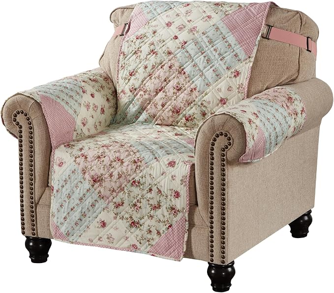 Brilliant Sunshine Pink & Green Roses Couch Armchair Cover, 23" seat | Quilted Sofa Cover, Living Room & Bedroom Furniture Protector, Washable Chair Slipcover for Pets, Dogs & Cats
