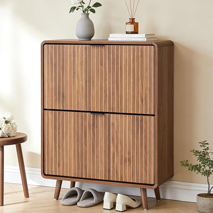 FurSch Fluted Shoe Storage Cabinet with 2 Flip Drawers | Narrow Shoe Rack Cabinet Organizer, Adjustable & Removable Shelves, for Entryway