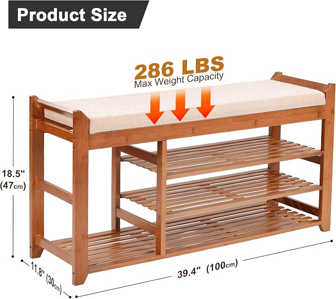 PETKABOO Shoe Rack Bench with Cushion 39.4“, Shoe Rack for Front Door Entrance, Shoe Bench with Storage for Entryway Hallway Bedroom Living Room