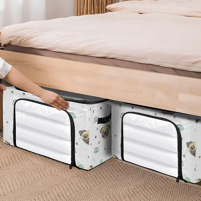 Pet Dog White pattern Under Bed Storage Containers with Double Zipper Openings, Foldable Clothes Storage Bins with Clear Window and Handles for Comforters Bedding Blankets