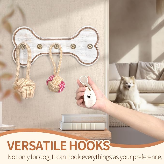 MTERSN Dog Leash Holder Wall Mount with 3D Paws Hooks, Distressed White | Bone-Shaped Dog Leash Holder for Wall, Leash Holder, 5 Dog Leash Hook, Pet Accessories Storage, Gift for Dog Lovers