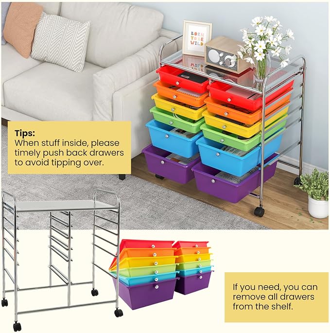 12 Drawer Rolling Storage Cart, Art Cart Organizer on Wheels, Mobile Utility Cart with Drawers, Multipurpose Craft Drawers for Home Office School Classroom (Multicolor)
