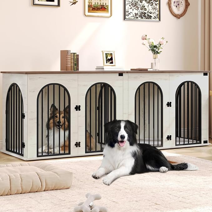 Hzuaneri 86.6" Double Dog Crate Furniture, Dog Kennel Indoor with Cushion | Heavy Duty Dog Crate Furniture for 2 Dogs,Dog Cage End Table TV Stand with Divider for Med-Large Dogs,White Brown DFC84014BV1