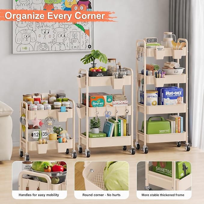 2 Tier Small Rolling Cart Metal with Wheels, Beige Under Desk/Table Storage Carts on Wheels, Short Utility Roller Caddy Organizer for Art, Craft, Pantry, Bathroom, Two Tiered Shelf Trolley, 22In Tall
