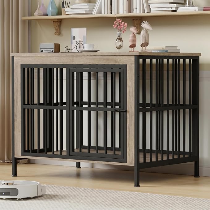 45" Dog Crate Furniture, Decorative Dog Kennels for Large Dogs, Natural | Thick wood, heavy-duty steel, 2-door escape-proof locks, waterproof scratch-resistant, extra-large, stylish, easy assembly