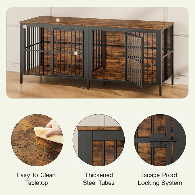 80'' Double Dog Crate Furniture for 2 Dogs, Large Dog Kennel Furniture Indoor as TV Stand, Wooden Dogs Cage Heavy Duty Kennel End Side Table for Living Room, Large & Medium Dogs, Brown
