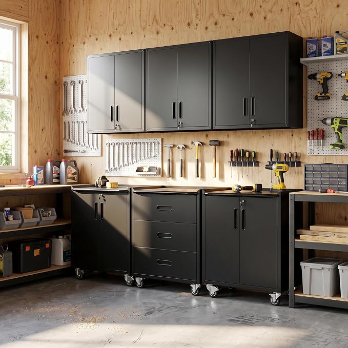 Garage Cabinet System | Heavy Duty Steel All-in-One Modular Garage Cabinet Set for Ultimate Workshop Organization | Easy Assembly Garage Storage Cabinets & Tool Bench