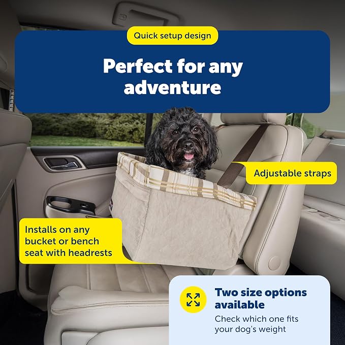 PetSafe Happy Ride Quilted Booster Seat - Dog Booster Seat for Cars, Trucks and SUVs - Easy to Adjust Strap - Durable Padded Liner is Machine Washable and Easy to Clean - Large | Raises Small Dogs to Window Height In Most Cars, Connects to Seatbelt wit...