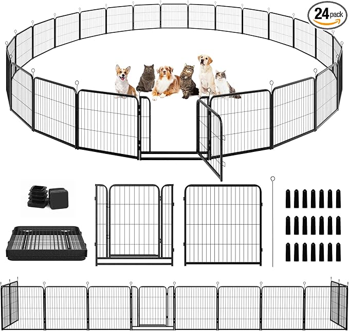 Kfvigoho Dog Playpen Outdoor Extra Wide 24 Panels Heavy Duty Dog Fence 32" | Anti-Rust Coating-Strengthened Dog Fence with Doors Portable for RV Camping Yard, Total 63FT, 316 Sq.ft, Snowy Black