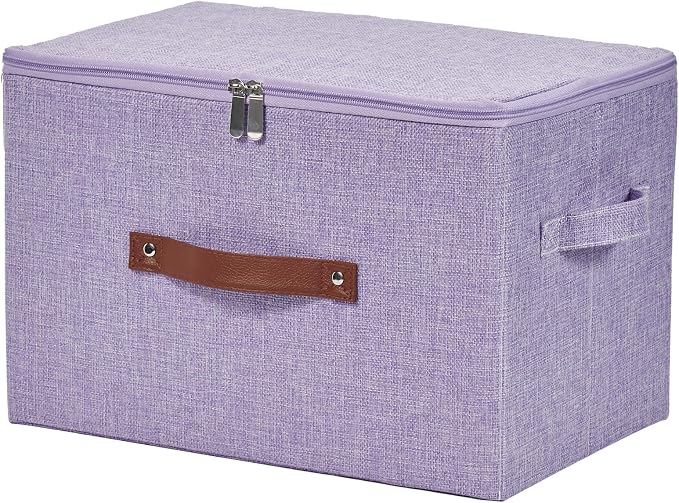 Storage Bins with Zipper Lids Decorative Lidded Baskets Boxes | Clothes Container, Closet Shelf Organizer, Foldable Washable, Cotton Linen Fabric, w/ PU Leather Handles, Purple, Large