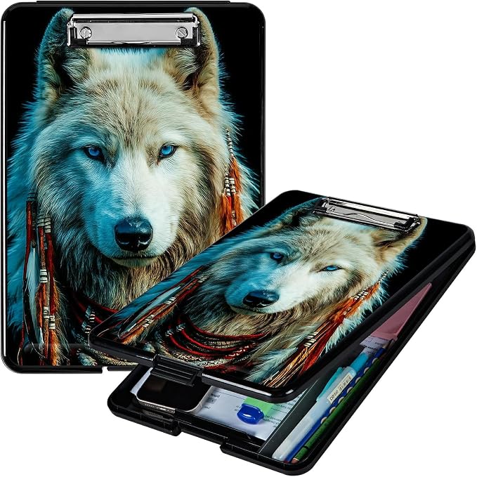 Heavy Duty Storage Clipboard, Slim Nursing Clipboard with Internal Pen Case, Portable File Organizer Case for A4 Letter Size Paper Office Medical Professionals, White Wolf Feathers