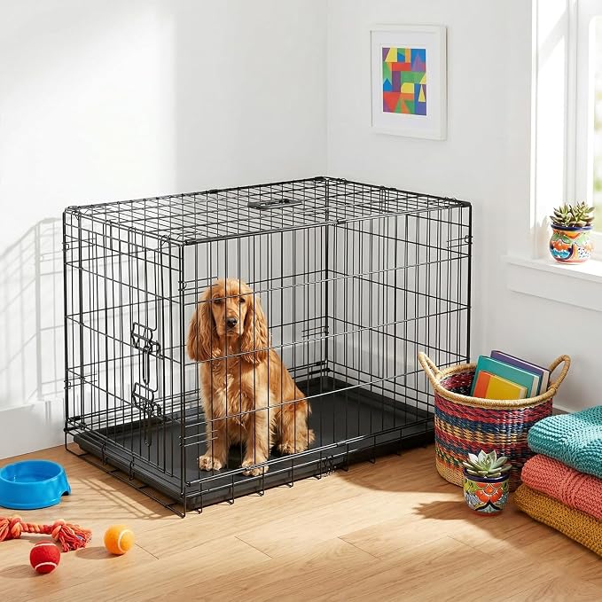 FDW Dog Crate 36-Inch Dog Cage Single Door Foldable Metal Kennel with Leakproof Tray Foldable Design Indoor Outdoor Use for Medium Dogs,Dark Black