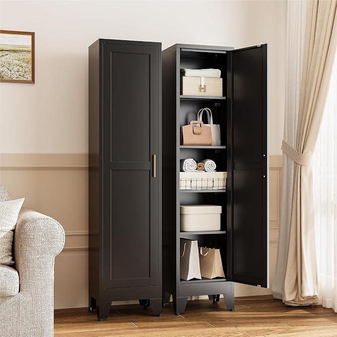 YAUWOH White Narrow Metal Storage Cabinet, Tall Freestanding Cabinet with 4 Adjustable Shelves & Barn Doors, Pantry Organizer for Bathroom Kitchen Home Office Dining Room（1PC,Black）