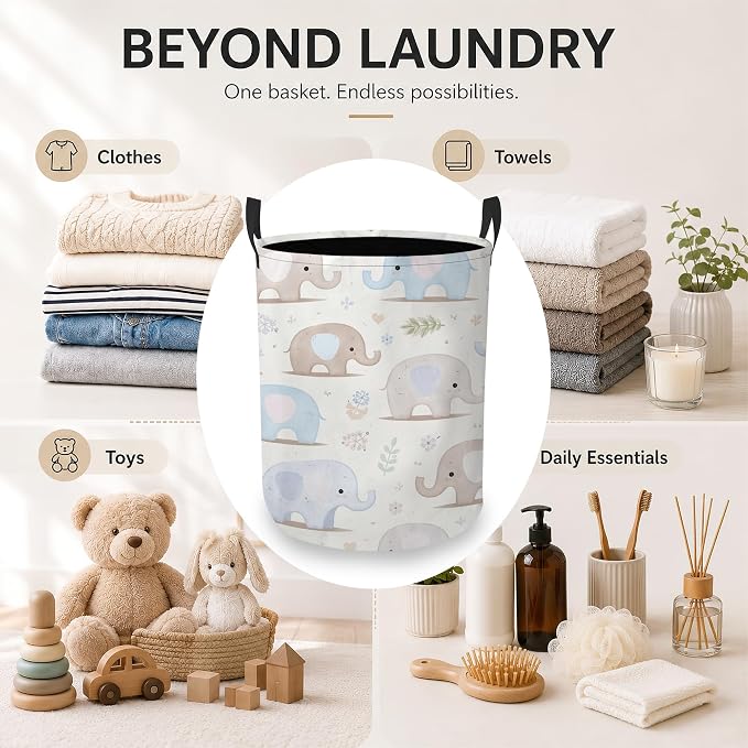 Baby Elephant Laundry Basket, Floral Leaves Collapsible Laundry Hamper Waterproof Oxford Cloth With Handles, Clothes Storage Bucket For Bathroom/Bedroom 16" x 20.8"