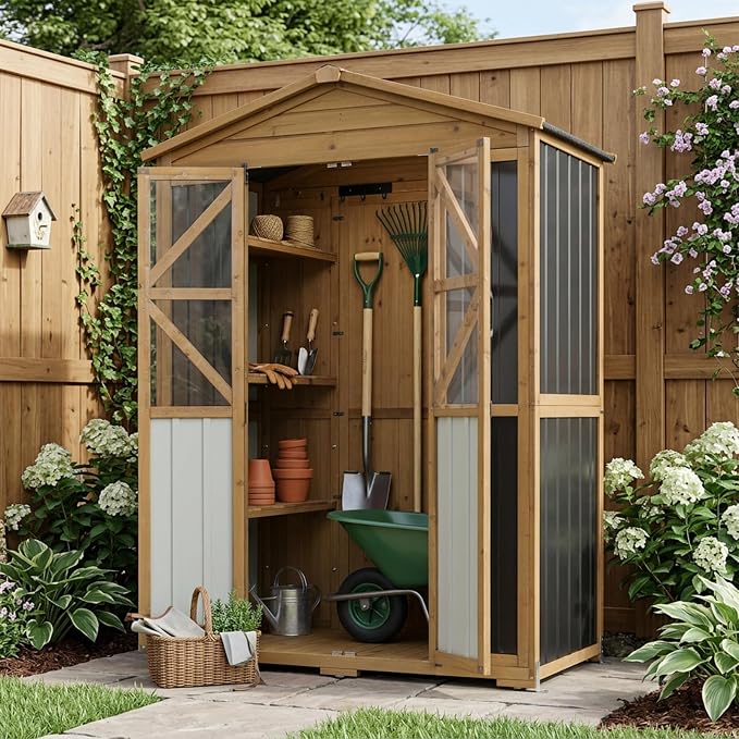 Extra Large Outdoor Storage Cabinet Weatherproof, Garden Shed with Shelves | Waterproof Asphalt Roof, 6 Adjustable Shelves & Anti-Tip Wall Brackets, Lockable Doors, 6 Hooks, for Garden, Garage, Patio