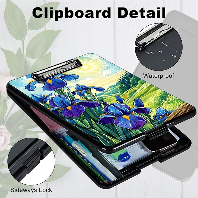 Heavy Duty Storage Clipboard, Slim Nursing Clipboard with Internal Pen Case, Portable File Organizer Case for A4 Letter Size Paper Office Medical Professionals, Blue Flower Lawn