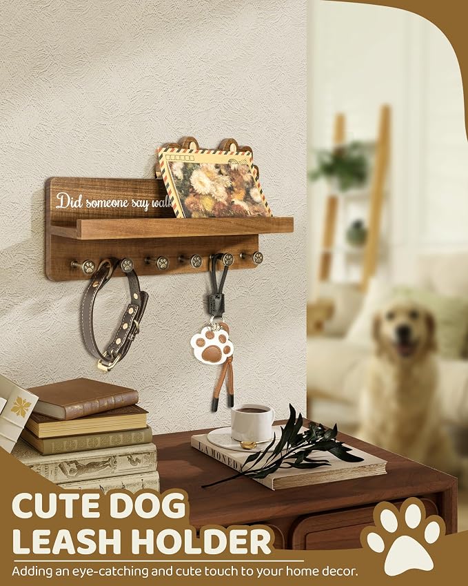 MTERSN Acacia Wood Dog Leash Holder for Wall with Shelf & 6 Hooks, Brown | 3D Doy Paw Six Hooks, Dog Leash Holder for Keys & Sunglasses, Wall Organizer for Entryway, Cute Home Accent for Wall Decor