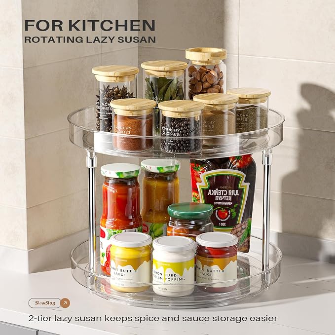 2 Pack 2 Tier Lazy Susan Turntable Organizer, Clear Rotating Lazy Susan | 360 Degree Rotating Spice Rack for Cabinet, Makeup and Perfume Organizer for Vanity, Counter Organizer Tray for Bathroom