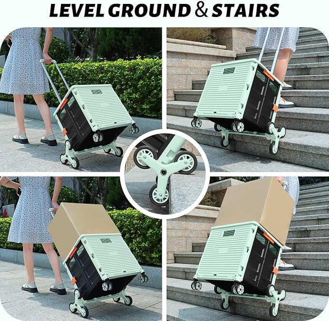 FELICON SELORSS Folding Utility Climber Cart Portable Rolling Crate-Green | Stair Climbing Wheels+360°Swivel Wheels,Telescoping Handle,Plastic Box Dolly for Travel Shop Move Laundry Office Teacher Use