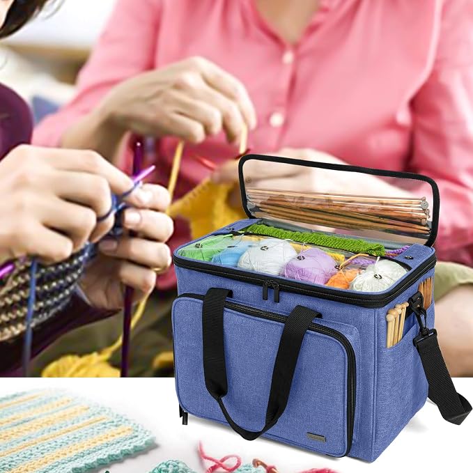 Teamoy Knitting Bag, Yarn Storage Organizer Crochet Bag Tote, Dark Blue | Yarn Holder with Inner Divider(Sewn to Bottom) for Crochet Hook, Knitting Needles(Up to 14"), Project and Crocheting Supplies