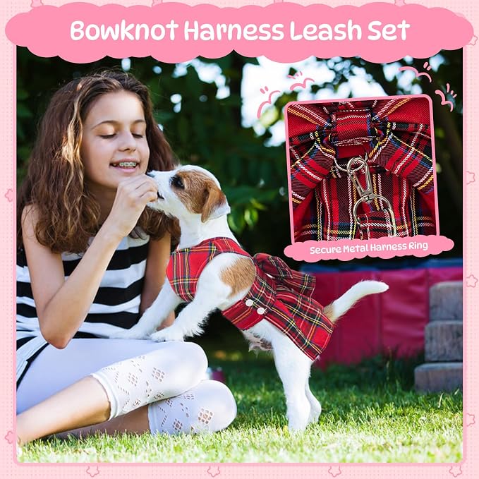 Coppthinktu Plaid Dog Dresses for Small Dogs Girl Bowknot Harness Leash Set